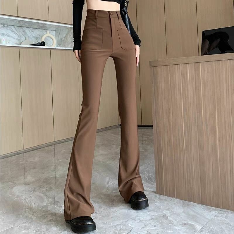 Женские брюки-клеш с высокой талией, однотонные прямые брюки составного кроя на молнии с карманами и пуговицами, повседневные универсальные брюки в Корейском стиле на лето
