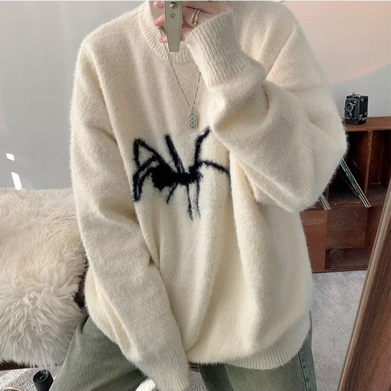 Sweaters Men Warm Loose Streetwear Spider Winter Casual Daily Knitting Pullovers American Style Teenagers Fashion All-match Chic