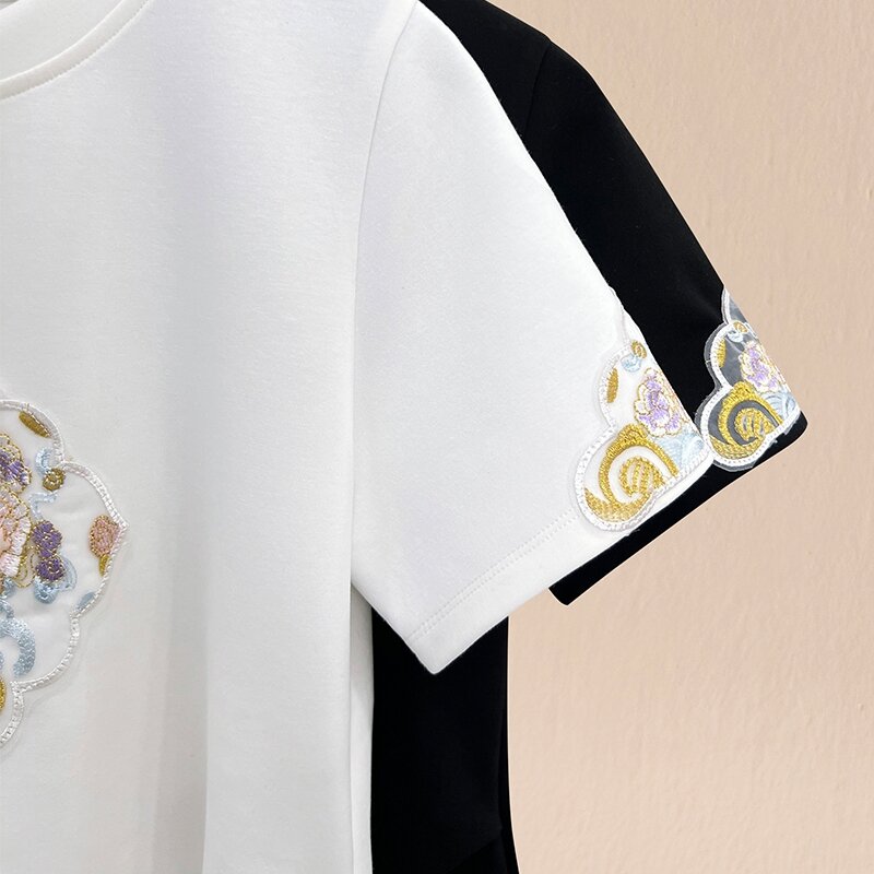 Chinese Style Short Sleeved T-shirt for Women's Summer New Retro Buckle Studded Embroidered Top Women Clothing Oversized T Shirt
