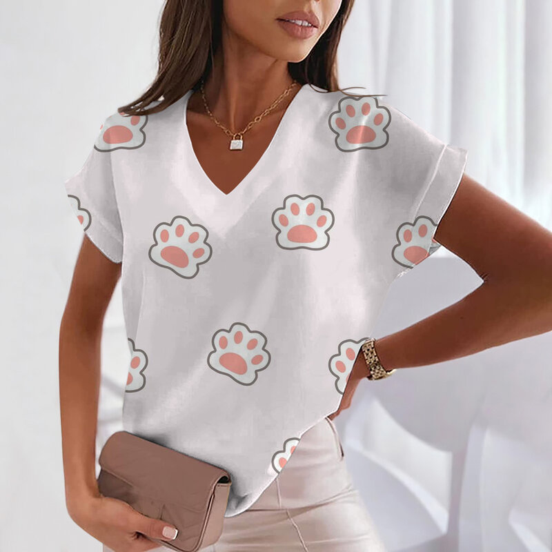 T-shirt Respiré à Manches Courtes et Col en V pour Femme, Haut Blanc à la Mode, Motif Imprimé en 3D, Vêtements Décontractés