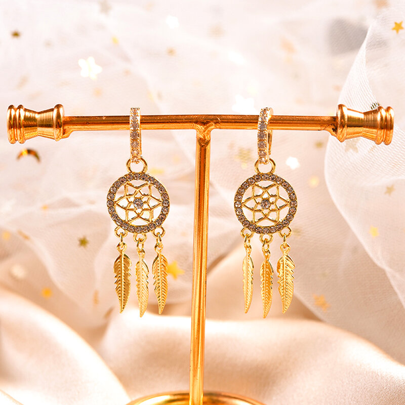 Orecchini pendenti in vera piuma di oro 14 carati squisiti alla moda per le donne gioielli di alta qualità Bling AAA zircone orecchio fibbia regalo Fine