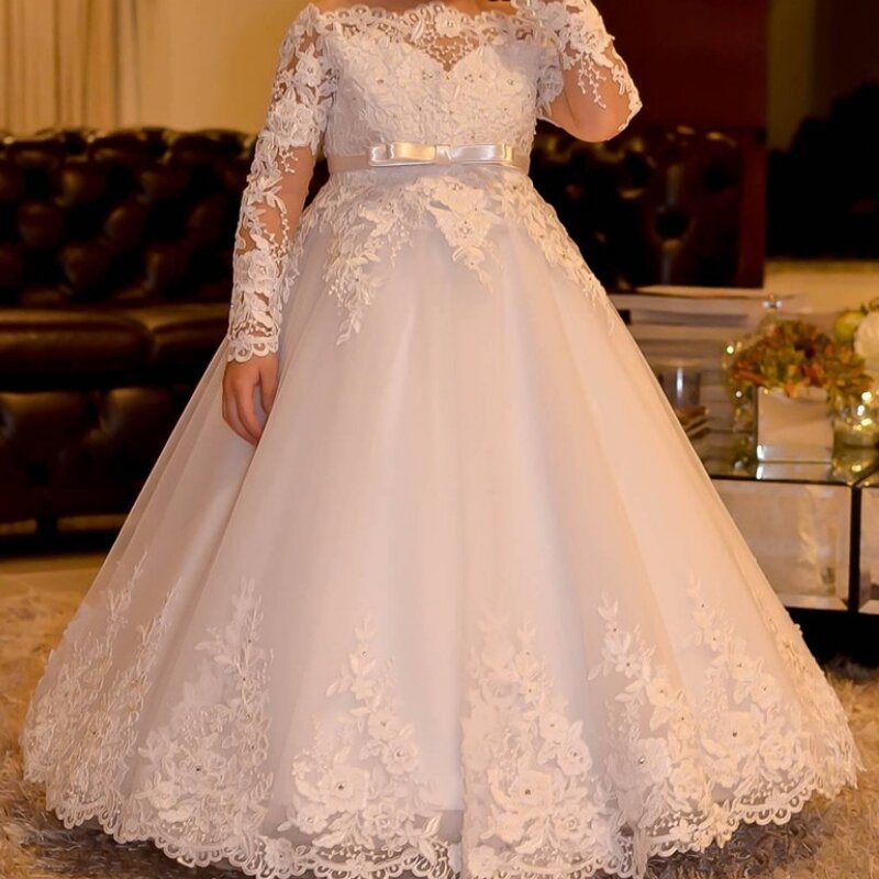 Flower Girl Dresses For Weddings Princess Lace Long Sleeve Backless Holy First Communion Gowns Party Pageant Dress Girls Gowns