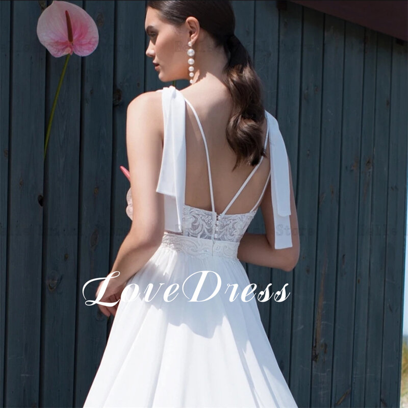 Love Elegant Bow Straps Lace Appliques Chiffon Wedding Dresses Sexy Open Back A-Line V-Neck Sleeveless Floor Length Bridal Gowns
