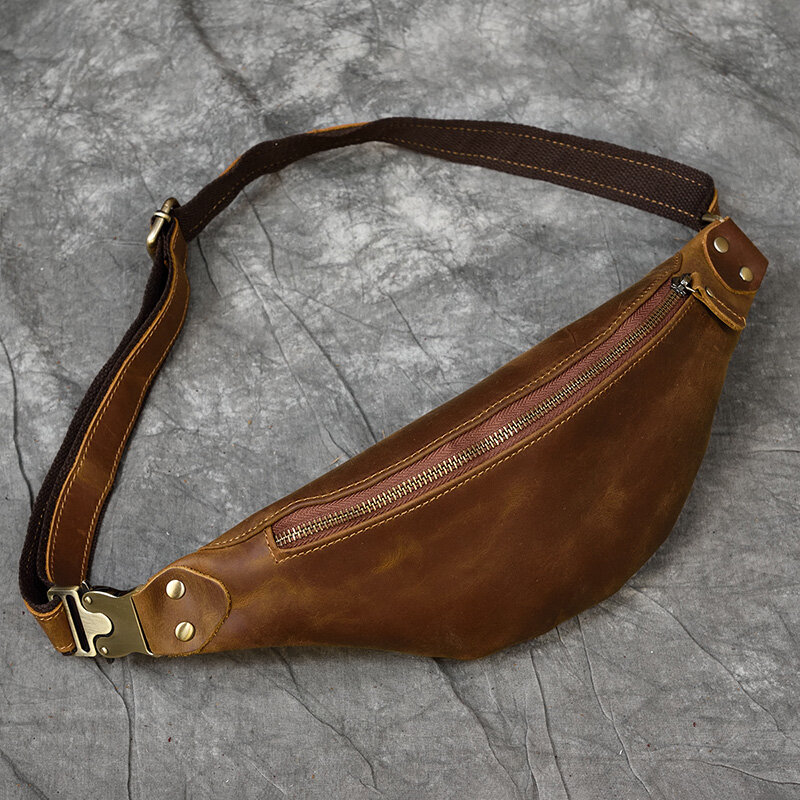حقيبة خصر من جلد Crazy Horse الأصلي للرجال ، حقيبة صغيرة للسفر ، حقيبة حزام للذكور ، حقيبة خصر صغيرة لحقيبة الهاتف