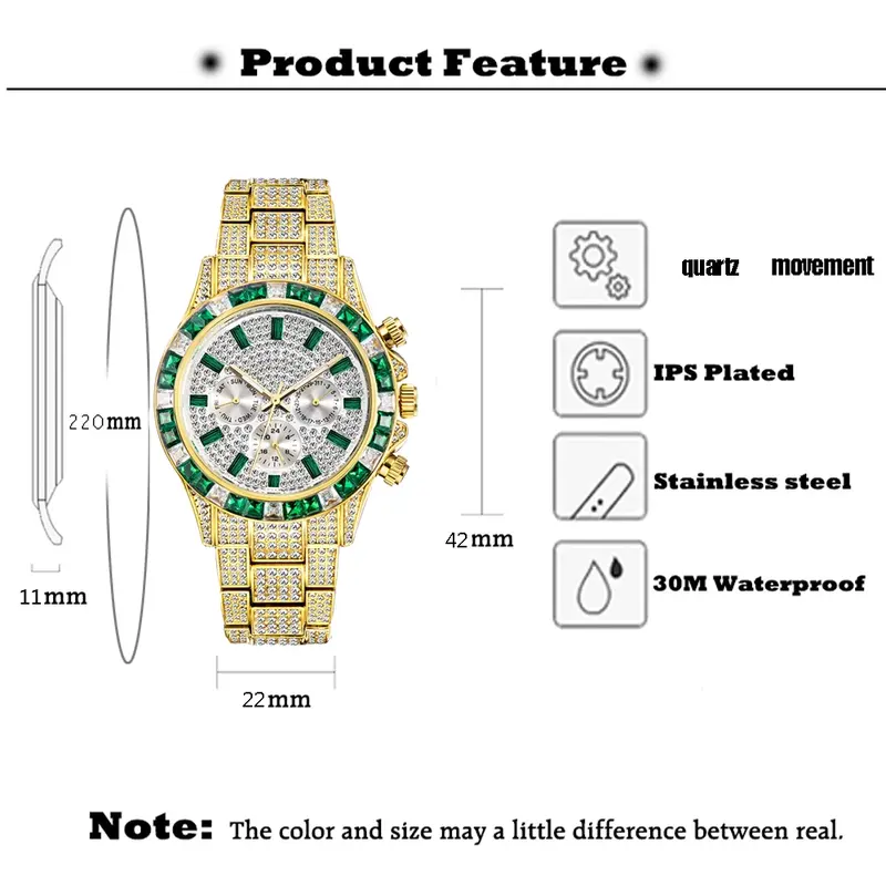 Хронограф 18K позолоченные часы для мужчин с полным бриллиантом мужские часы Rap хип-хоп Iced Out кварцевые наручные часы мужские Reloj Hombre xfcs