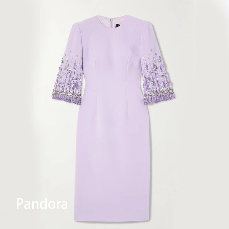 Pandora-女性用クリスタルのエレガントなパープルイブニングドレス,ラウンドカラー,ハーフスリーブ