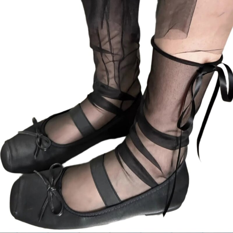 Для женщин и девочек эстетические милые прозрачные сетчатые носки с бантом на ленте свободные средние носки до середины икры