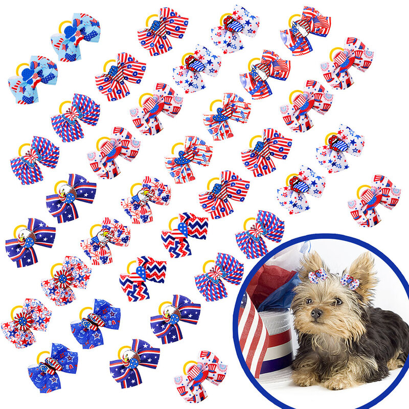 50 buah Aksesori anjing buatan tangan pita anjing dengan karet gelang anak anjing Hari Kemerdekaan pesta aksesoris rambut hewan peliharaan untuk anjing dan kucing