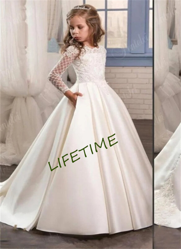Женское атласное платье с длинным рукавом и цветочным принтом, платье для свадьбы и особых случаев, платья для первого причастия для девочек