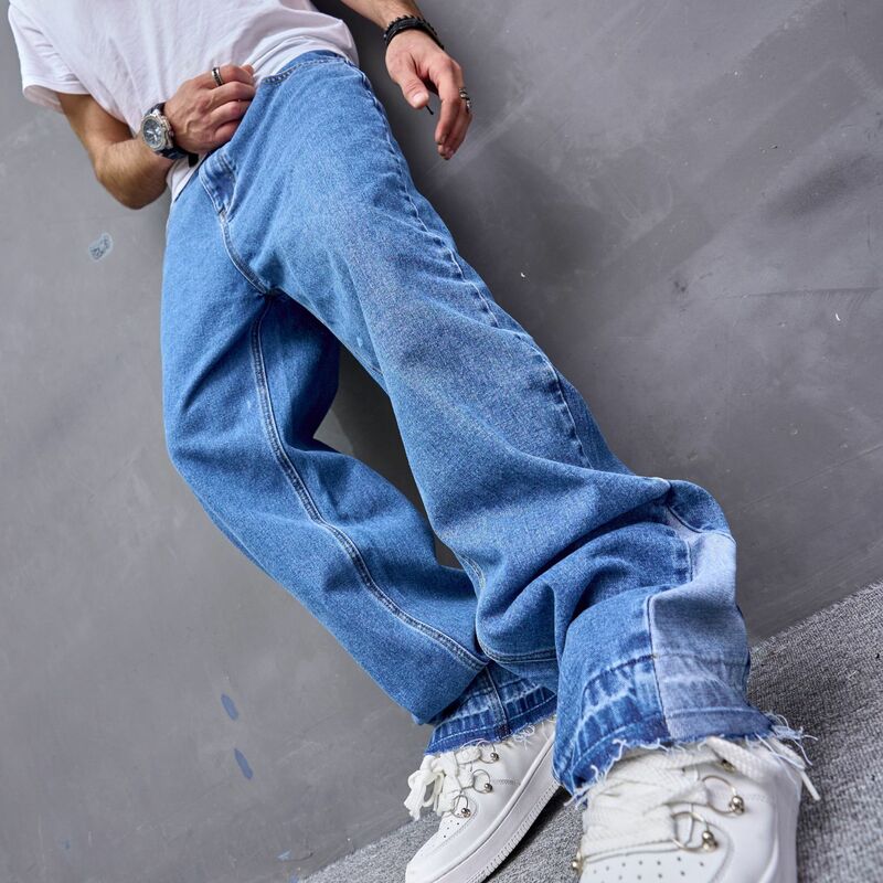 Denim gewaschen weites Bein Hosen Jeans Distressed knöchel lange Hosen Männer gespleißte Taschen High Street lose festen Reiß verschluss 2024
