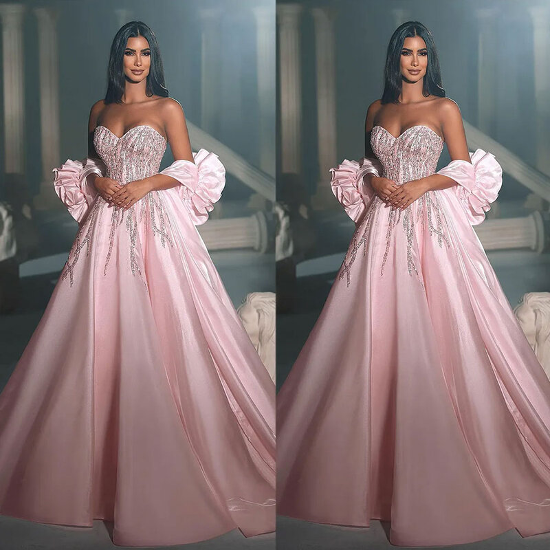 2024 różowe suknie ślubne bez ramiączek Mexico Princess A Line satynowe błyszczące cekiny suknie wieczorowe z nadgarstkiem staniki