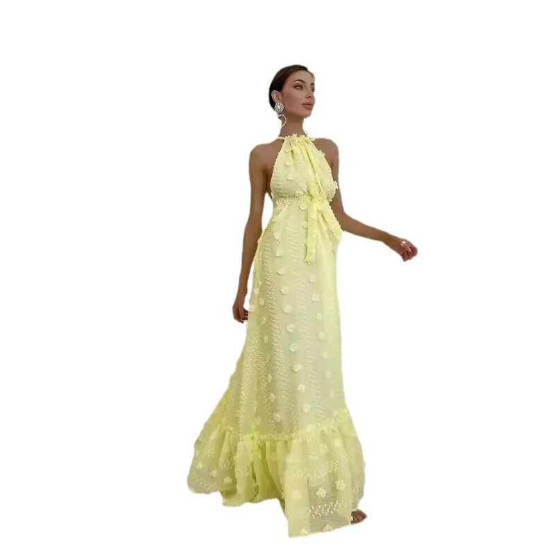 3Dフラワー付きオープンドレス,ハンギングカラー,新製品,春と夏向け,2024