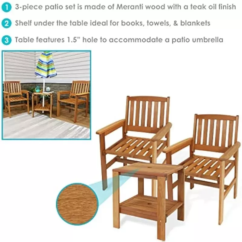 .CFurniture-Ensemble d'extérieur en bois Meranti, 2 chaises et 1 table, finition à l'huile de teck, pour camping, 3 pièces