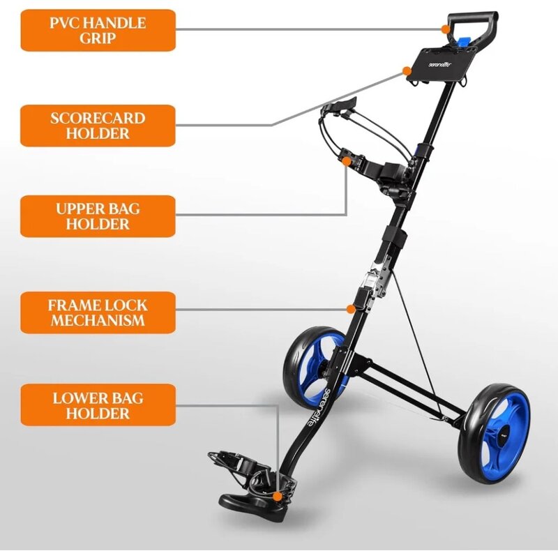 2 Wheel Golf Push Cart - Lightweight Folding Walking Push Cart Roller Golf Bag Holder Upper/Lower Bracket w/ Elastic Strap