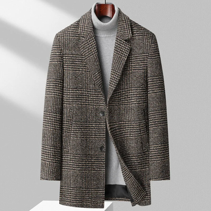 T62 kelas atas fashion pria baru bisnis kasual dengan herringbone wol mantel trench polyester setelan musim dingin