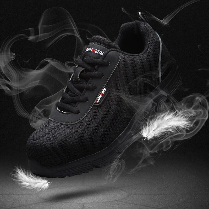 LARNMERN męskie ochronne buty robocze stalowe palce lekkie oddychające przeciwzmarszczkowe SRC antypoślizgowe odblaskowe casualowe buty sportowe