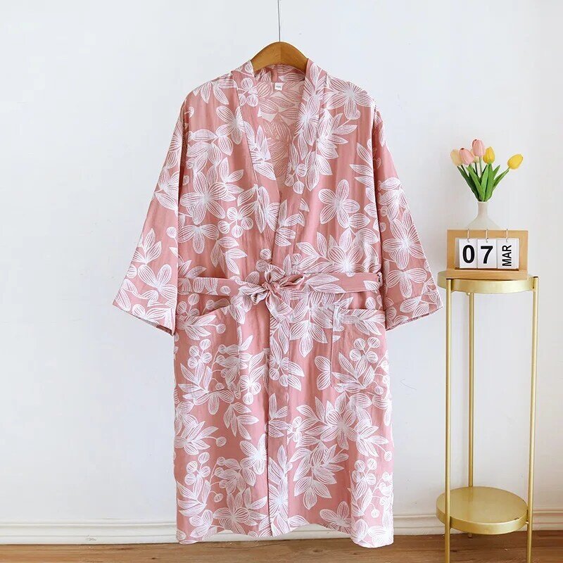 Kimono japonés de crepé para mujer, bata de baño 100% de algodón, ropa de dormir vintage, primavera y verano