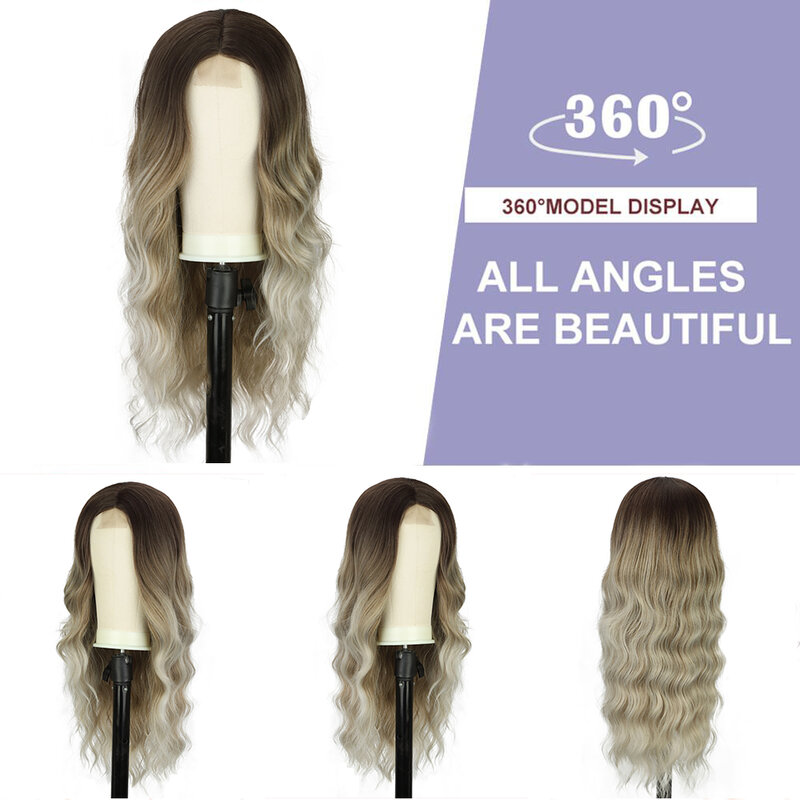 Peruca de onda de água loira Ombre para mulheres, perucas onduladas longas, cabelo sintético, peruca natural da parte média, resistente ao calor