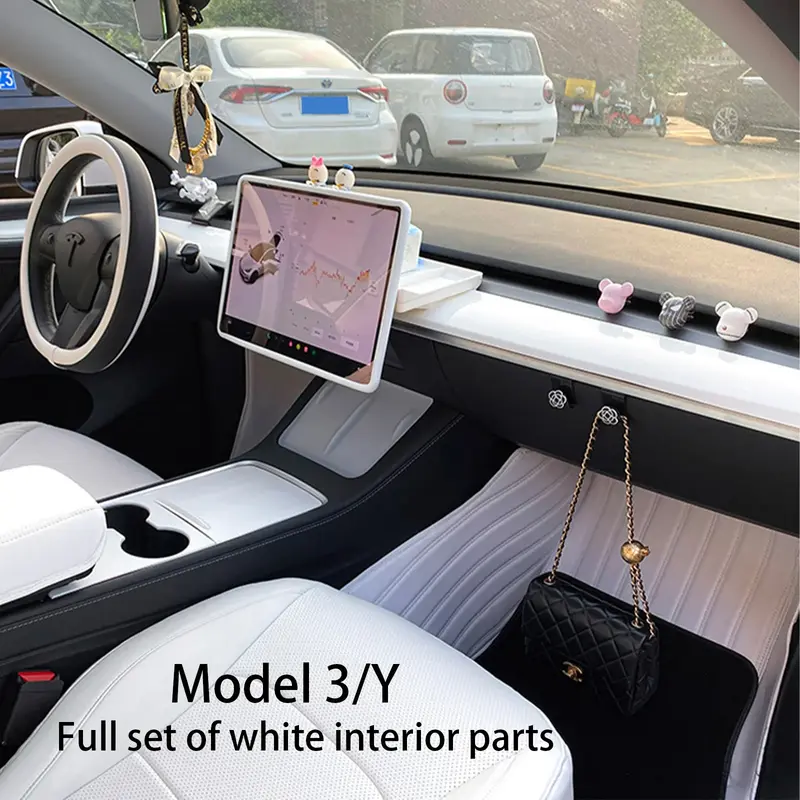 صندوق تخزين وحدة التحكم المركزية الداخلية باللون الأبيض لطراز تسلا 3 Y ، غطاء عجلة القيادة ، حماية الشاشة ، مقعد مسند القدم المزخرف