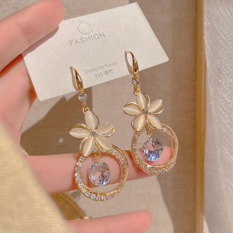 Boucles d'oreilles coréennes en cristal Zircon fleur pendentif pour femmes Boho décor opale coeur pendentif boucles d'oreilles pour cadeau d'anniversaire bijoux de fête