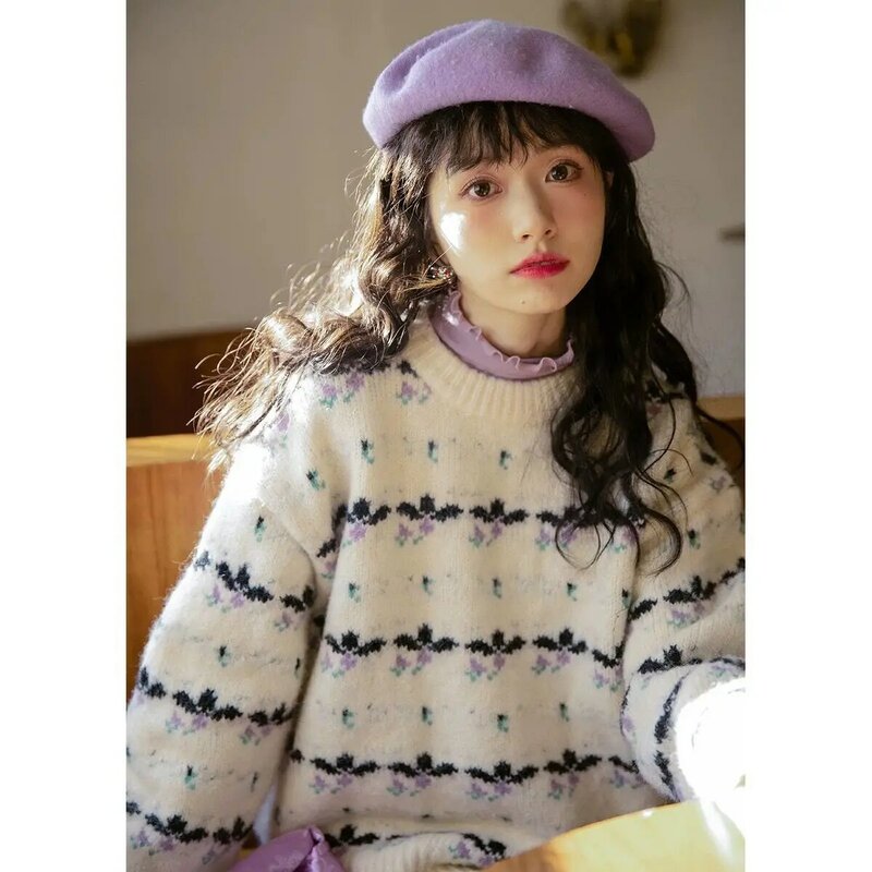 Knitted Sweater Women Striped O Neck Long Sleeve Warm Autumn Winter Outwear Loose Pullover Female Casual Jumper