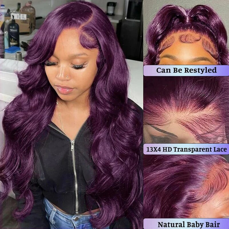 Perruques de cheveux humains violets Body Wave pour femmes, perruques avant en dentelle transparente HD, densité 200%, 13x4