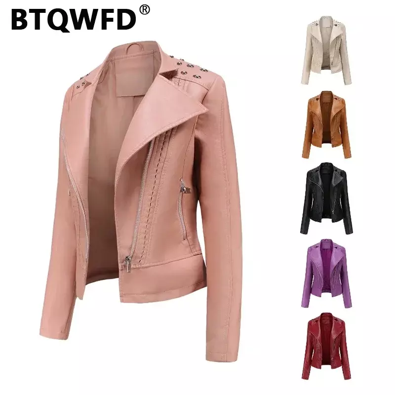 BTQWFD jaket pakaian wanita kulit PU, mantel keling kulit PU ritsleting, atasan pengendara sepeda Motor musim semi musim gugur dengan saku 2024 baru