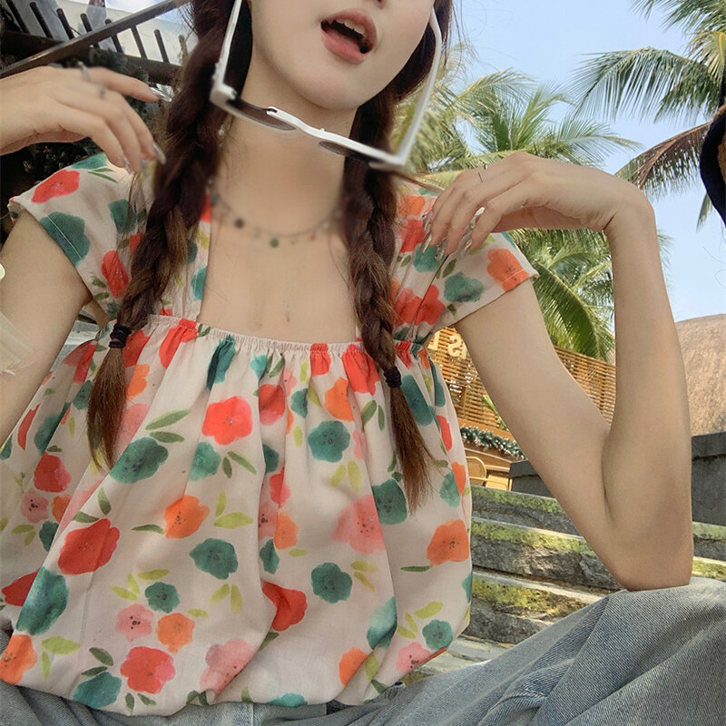 Летний женский кроп-топ Корейская версия Топы рубашка Милая Повседневная Блузка