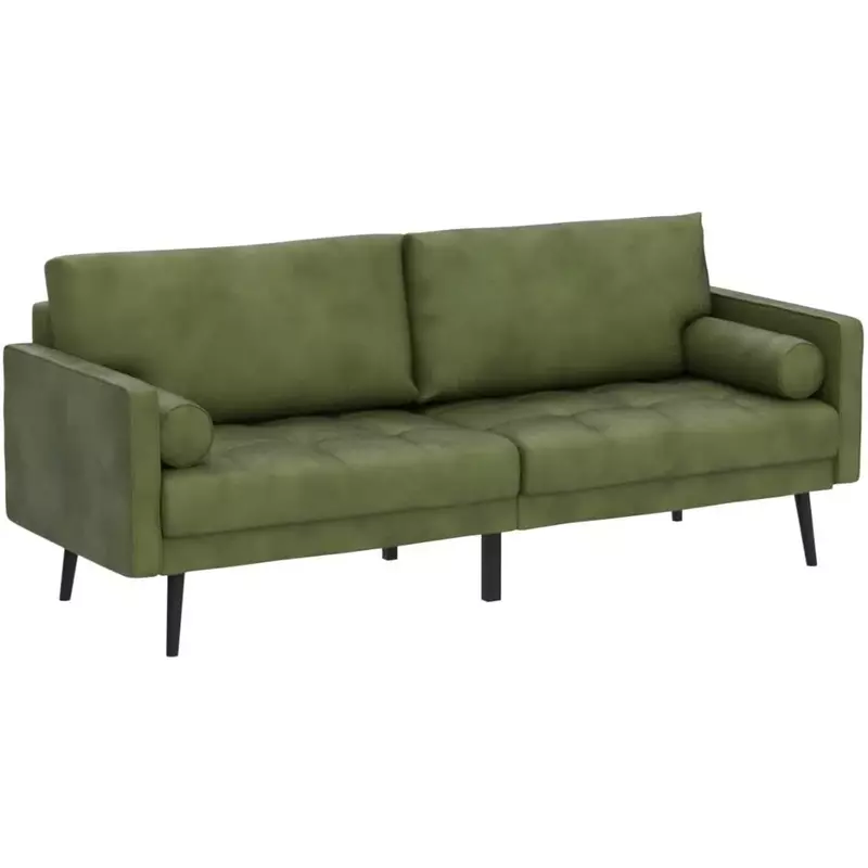 Velvet Sofa Couch, Mid Century Modern Craftsmanship 3-Seater Sofa with Comfy Tufted Back Cushions and 2 Bolster Pillows
