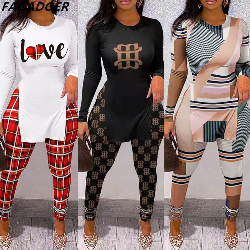 FAGADOER Fall Women Two Piece Sets Outfits Casual Print Side Slit Top And Skinny Pants Tracksuits Fashion Streetwear 2pcs Suits