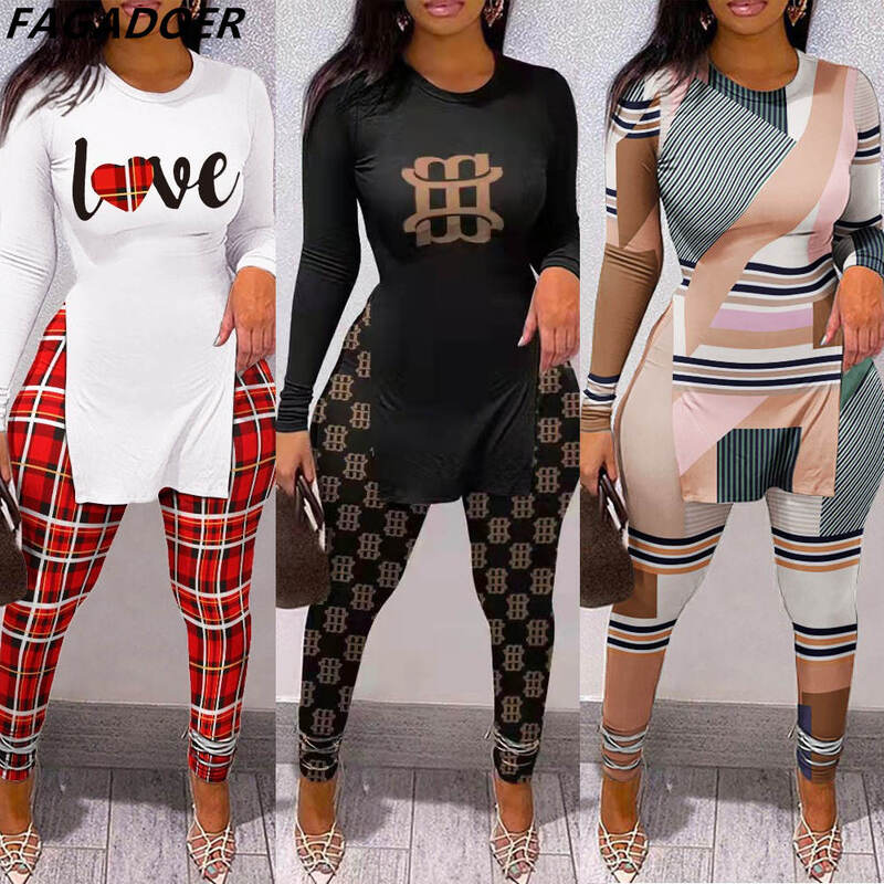 FAGADOER Herbst Frauen Zwei Stück Sets Outfits Casual Print Side Slit Top Und Dünne Hosen Trainingsanzüge Mode Streetwear 2 stücke anzüge