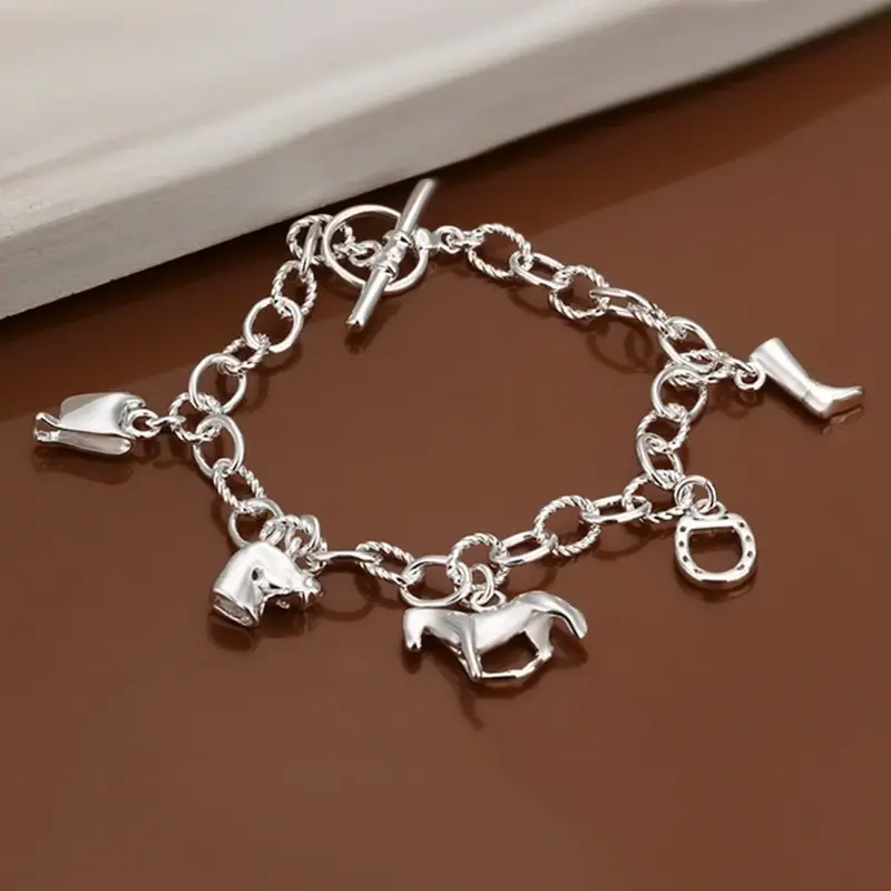JewelryTop women lady 925 Silver Color Charms horse Jewelry fashion  high quality valentine gift beautiful Bracelets cute