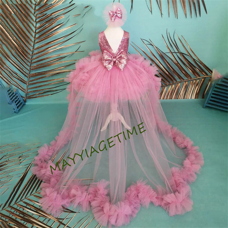 Paillettes Glitter fucsia Flower Girl Dress senza maniche Girls Princess Wedding Party Dress abito da prima comunione