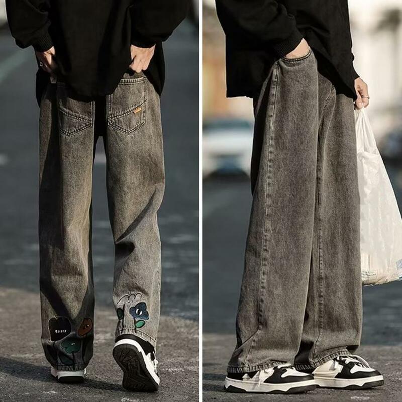 Jeans de perna larga masculino com fecho de zíper, bordado floral dos desenhos animados, cintura elástica, streetwear elegante