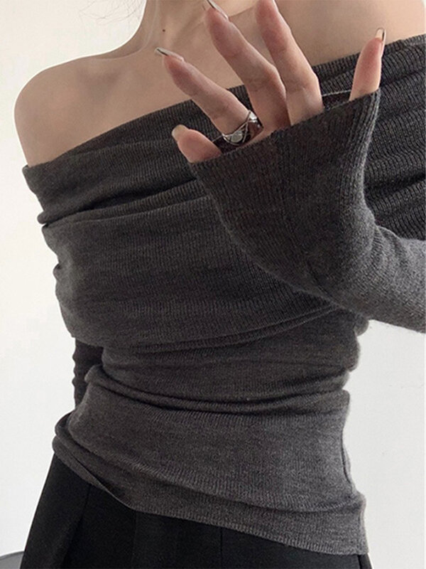Sweater wanita tipis lengan panjang seksi, pullover rajut, leher Slash, Sweater wanita seksi, lengan panjang ramping, pakaian jalanan, elegan, musim semi, 2024