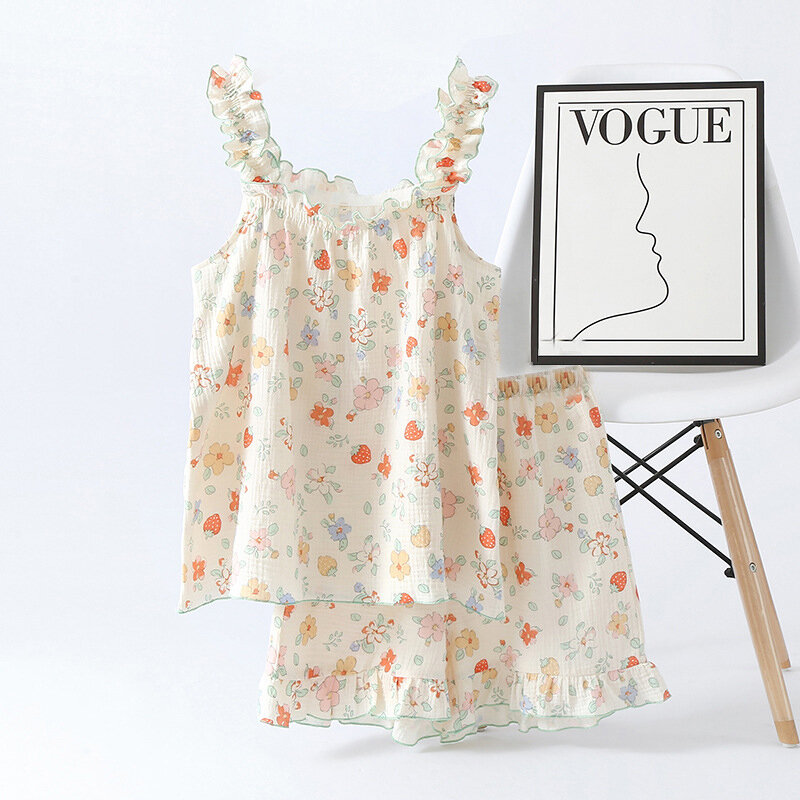Sommer Blumen Leibchen Kurzarm Shorts Pyjama Set für Frauen Mode Freizeit bequeme süße Student Home Nachtwäsche