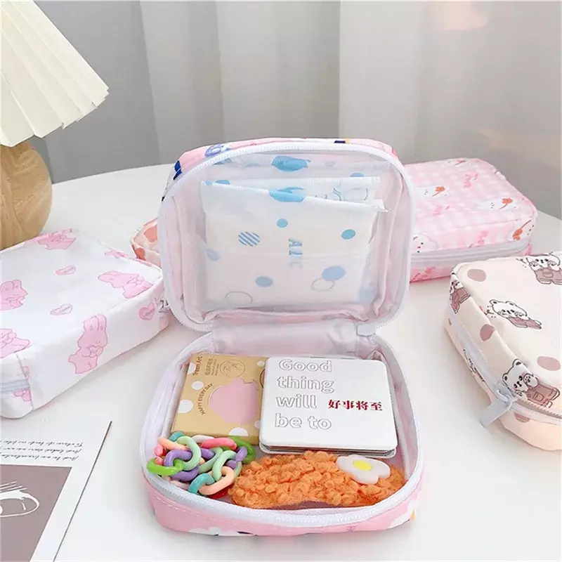 Travel Kawaii Cosmetic Storage Bag For Girls Cute Bear Rabbit Tampon Sanitary Pad Pouch Mini Makeup Earphone Coin Sundries Bags