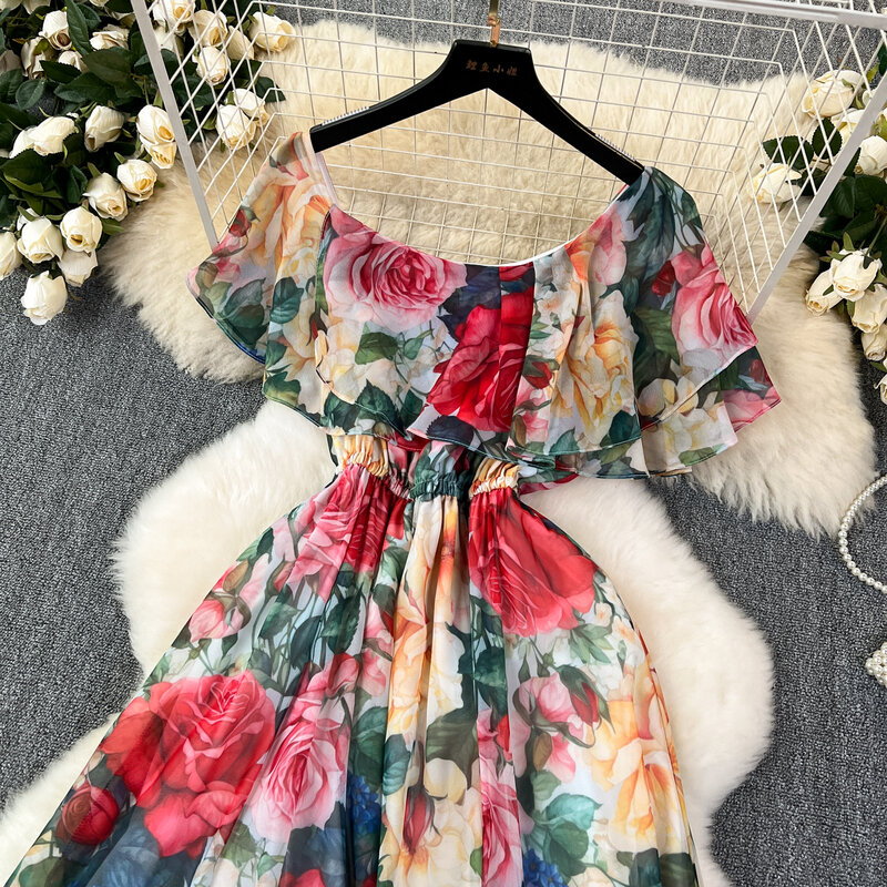 Retro elegante schulter freie Rüschen druck Chiffon Kleid koreanische Mode A-Linie lässig hohe Taille Frauen Sommer Strand kleider