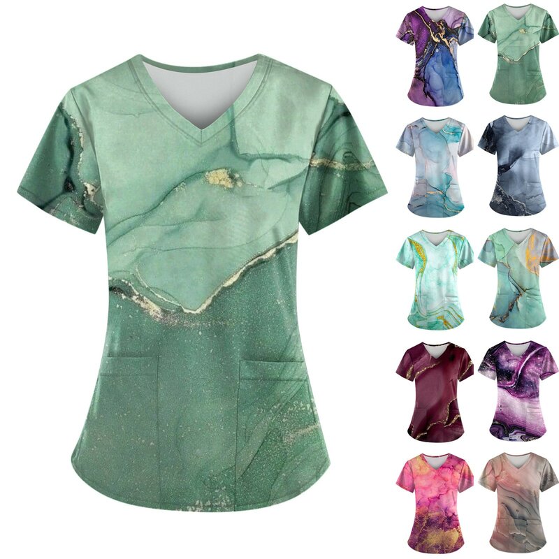 Blusa con estampado de enfermera para mujer, uniformes de trabajo de manga corta con cuello en V, Tops con bolsillos, uniforme médico de enfermería