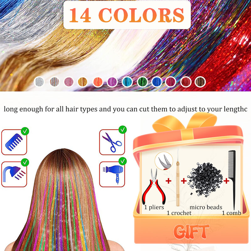 Hair Tinsel Kit 24 Inch Hair Tinsel Synthetic Safe Tinsel Hair Extensions with Tools Fairy Hair Tinsel Kit for Women Girls