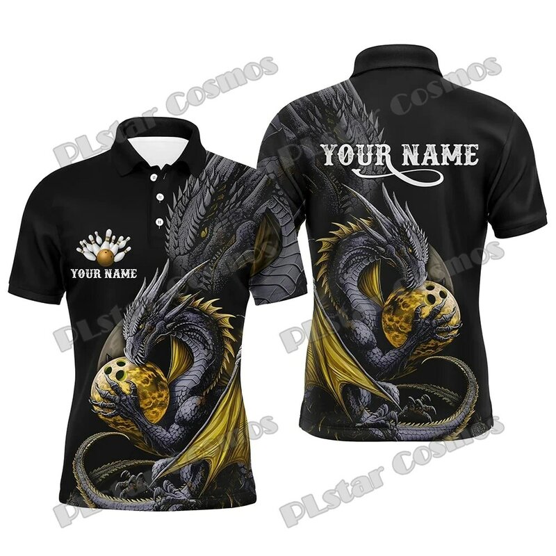 Bowling e Pins Strike dos homens Black Dragon Camisa Polo, Unisex, Casual, Nome Personalizado, 3D Impresso, Verão, WK251