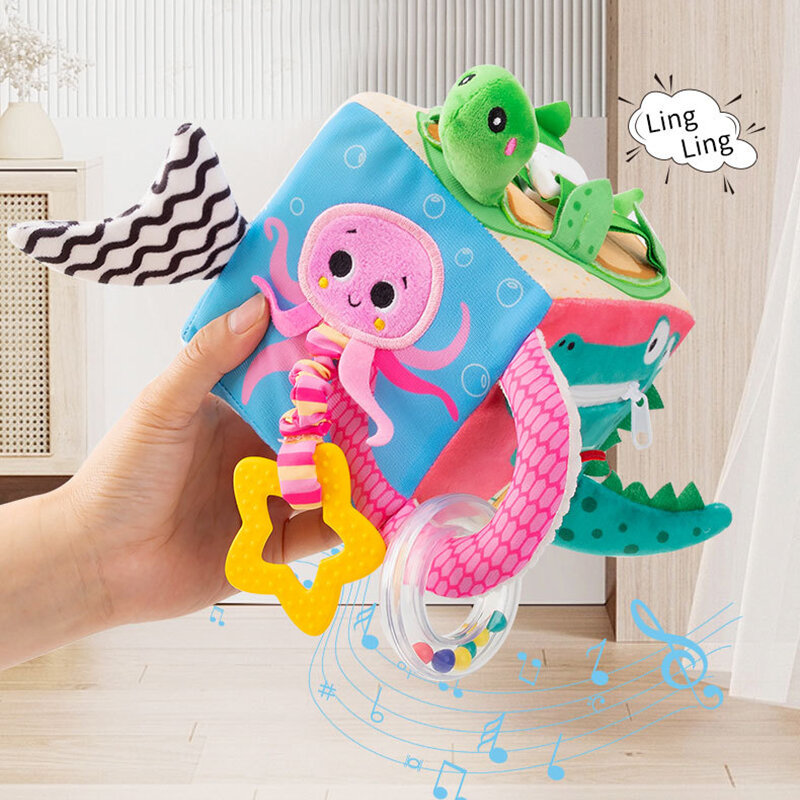 6 Sided Activity Cube Toy Crib Stroller Hanging Toys Soft Baby Plush Rattles Mobiles Toys for 0-12 Months Babies Educational Toy