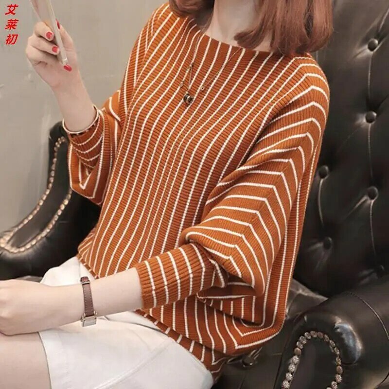 Pulôver feminino coreano solto listrado, suéteres de manga comprida, gola cortada, combina com tudo, roupas elegantes da moda, primavera, outono, novas