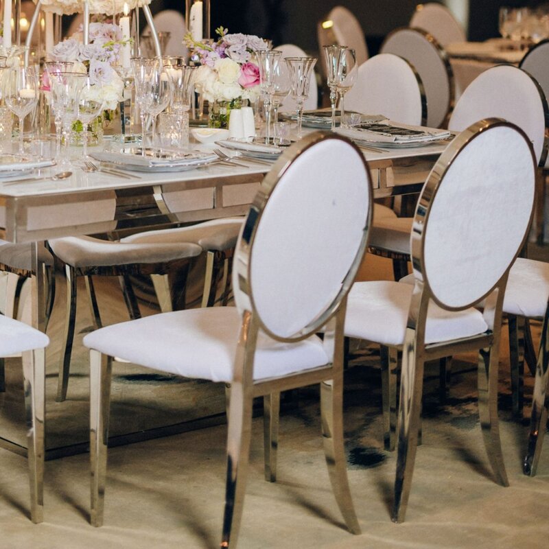 Chaises de table de mariage en acier inoxydable, nouveau design, moderne, pour banquet, fête, événements, table à manger, 18 pièces