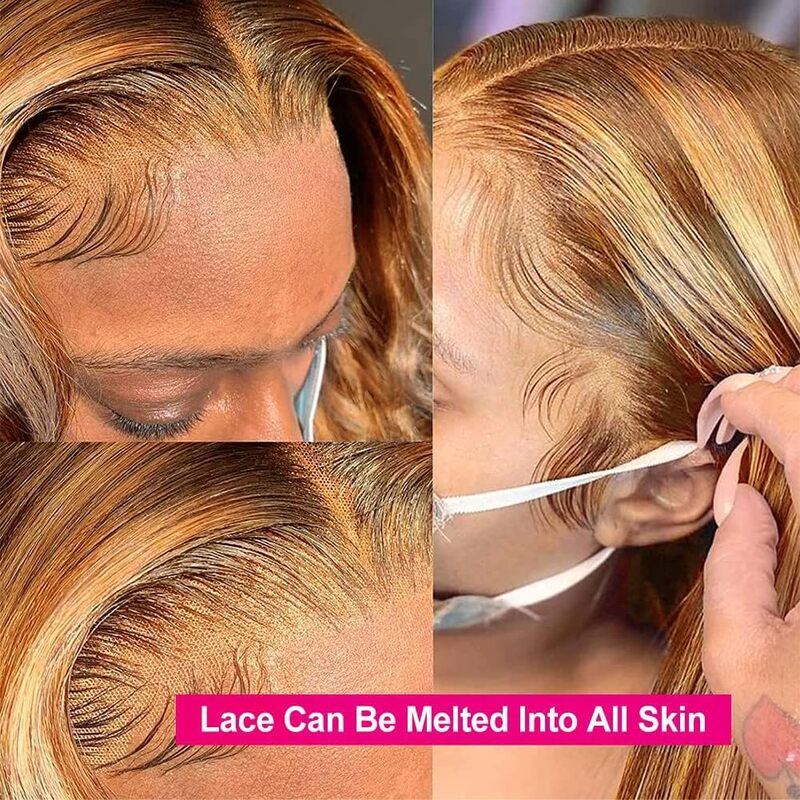 Perruque Lace Front Wig naturelle lisse, cheveux humains, reflets ombré, 5/27, avec baby hair, perruque Lace Front Wig respirante