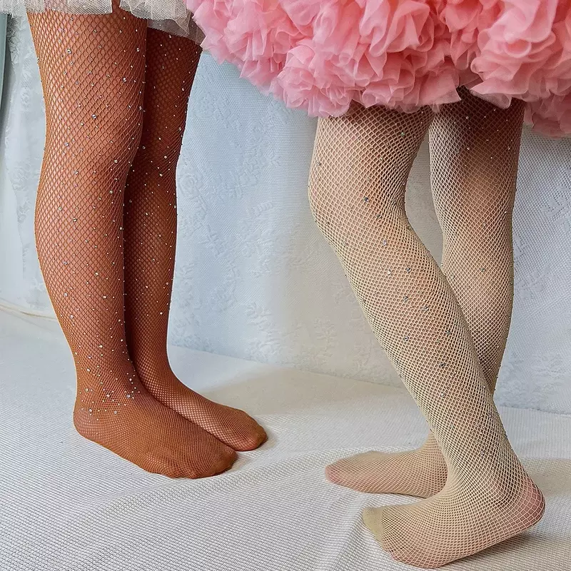 New Kids Girl Tight Fashion Fishnet Stockings Hollow Lace Rhinestone Glitter Pantyhose for Children Girl Summer Mesh Baby Sock