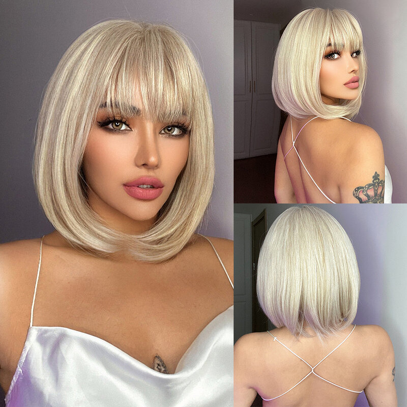 Straight Bob Wigs with Bangs Short Synthetic Wigs for Women Golden 613 Brown Cosplay High Temperature Fiber Wigs Daily Use