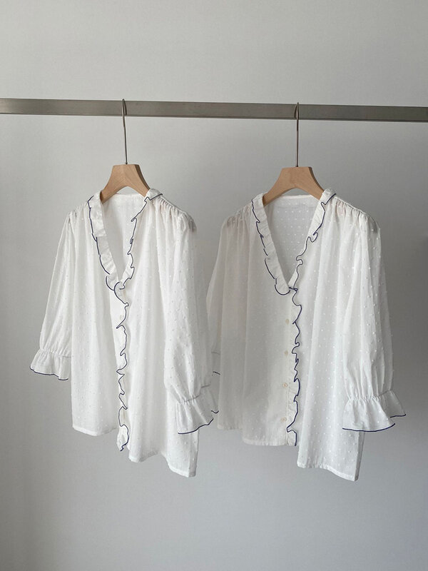 2024 New Ruffles Transparent White Blouse Women Summer V Neck Long Sleeve Dot Embroidered Blouses Korean Fashion Casual Shirts