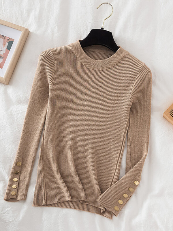 Suéter grueso de color caqui para mujer, Jersey informal con botones y cuello redondo, top de punto ajustado, tops suaves, 2024