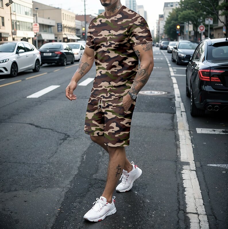 New men's summer suit, 3D camouflage pattern top + shorts, go out cool fashion trend to wear, men's suit